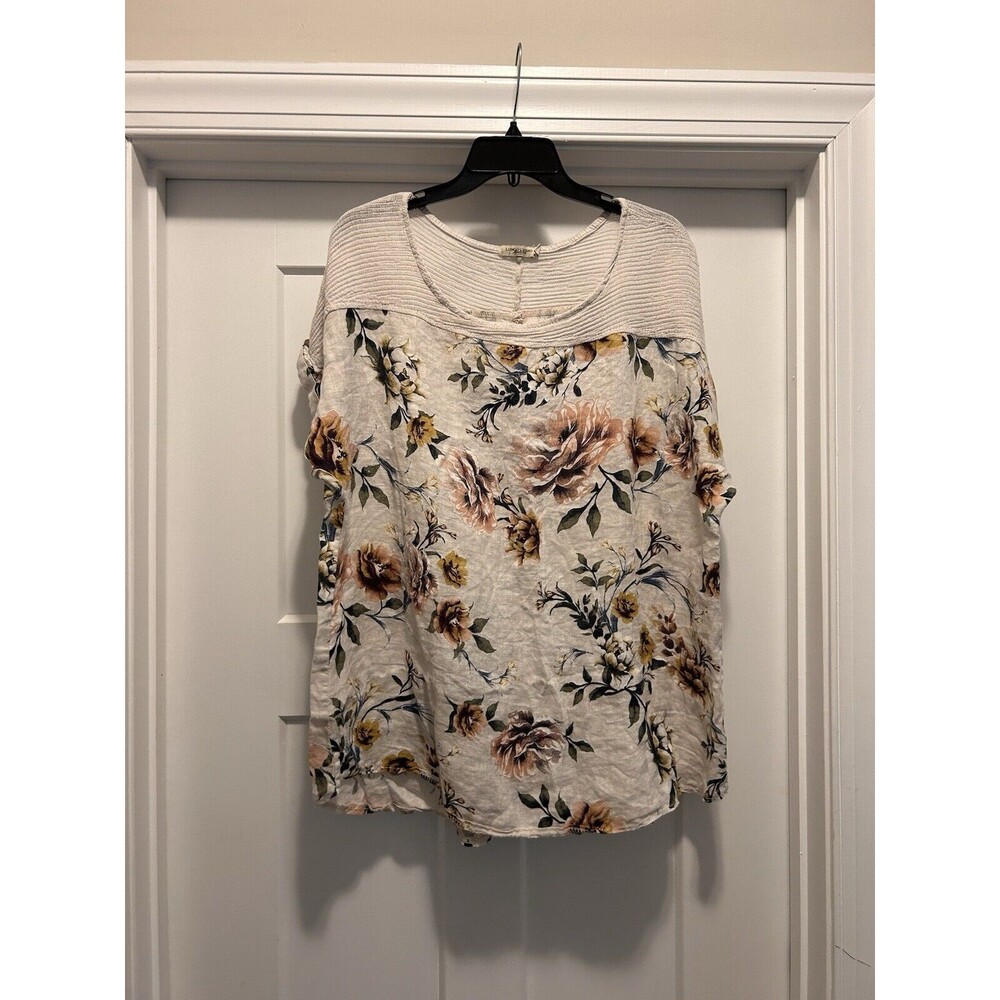 Lungo Larno Made in Italy Tan Floral Linen Cotton Cap Sleeve Top Shirt Size 1X